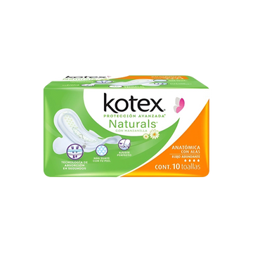 Toalla Femenina Anatomica Naturals con Alas Manzanilla Flujo Abundante Kotex c/10 pzas