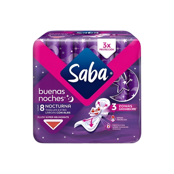 Toalla Femenina Buenas Noches con Alas Flujo Super Abundante Saba c/8 pzas