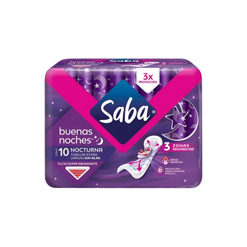 Toalla Femenina Buenas Noches sin Alas Flujo Super Abundante Saba c/10 pzas