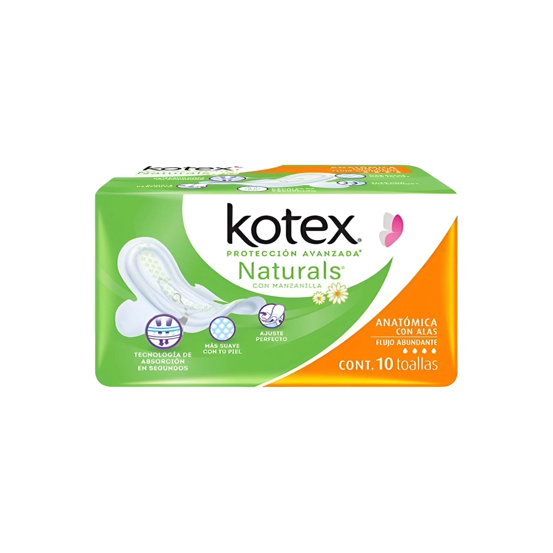 Toalla Femenina Anatomica Naturals con Alas Manzanilla  Flujo Abundante Kotex c/10 pzas
