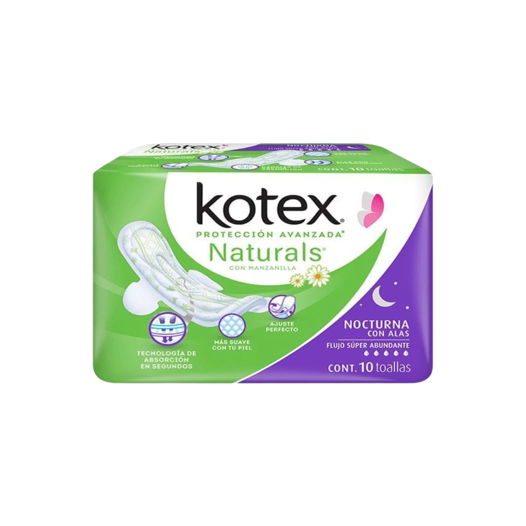 Toalla Femenina Naturals con Alas Flujo Super Abundante Nocturna Kotex c/10 pzas