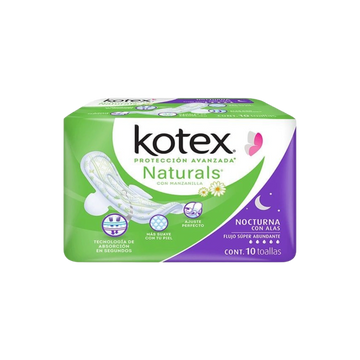 Toalla Femenina Naturals con Alas Flujo Super Abundante Nocturna Kotex c/10 pzas
