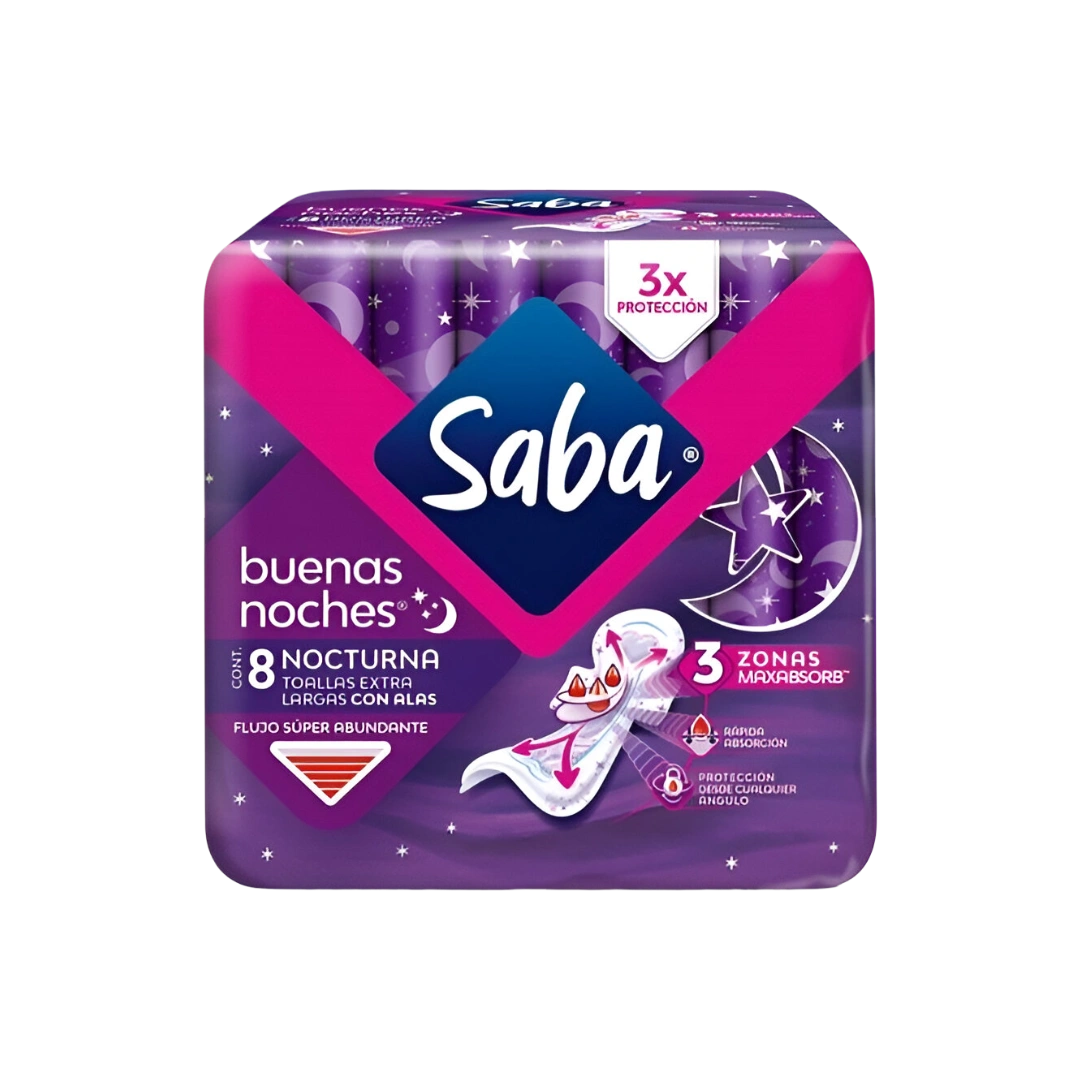 Toalla Femenina Buenas Noches con Alas Flujo Super Abundante Saba c/8 pzas