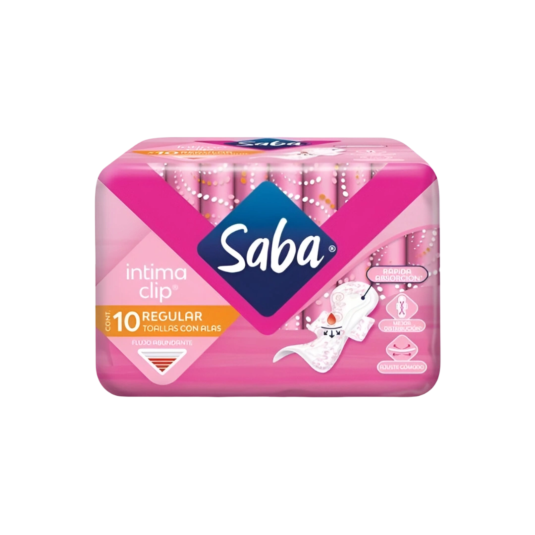 Toalla Femenina Intima Clip con Alas Flujo Abundante Saba c/10 pzas