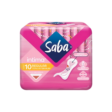 Toalla Femenina Intima Regular sin Alas Flujo Abundante Saba c/10 pzas